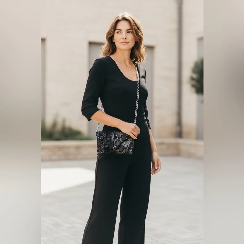 JJ Winters Envelope Crossbody Black Snakeskin Chain Bag